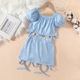 thumbnail image 4 of Vestido Para Niñas, Ropa Para Niñas Pequeñas, Moda Para Niños Pequeños, Lindo Color Sólido, Cordón Plisado, Manga Corta, Top, Falda, Traje, Azul Claro Odeerbi LM103-8905, 4 of 9