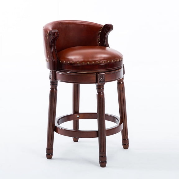 S-HOME Adult Mid Back Genuine Leather Upholstery and 360 Degree Swivel Bar Stools, Brown