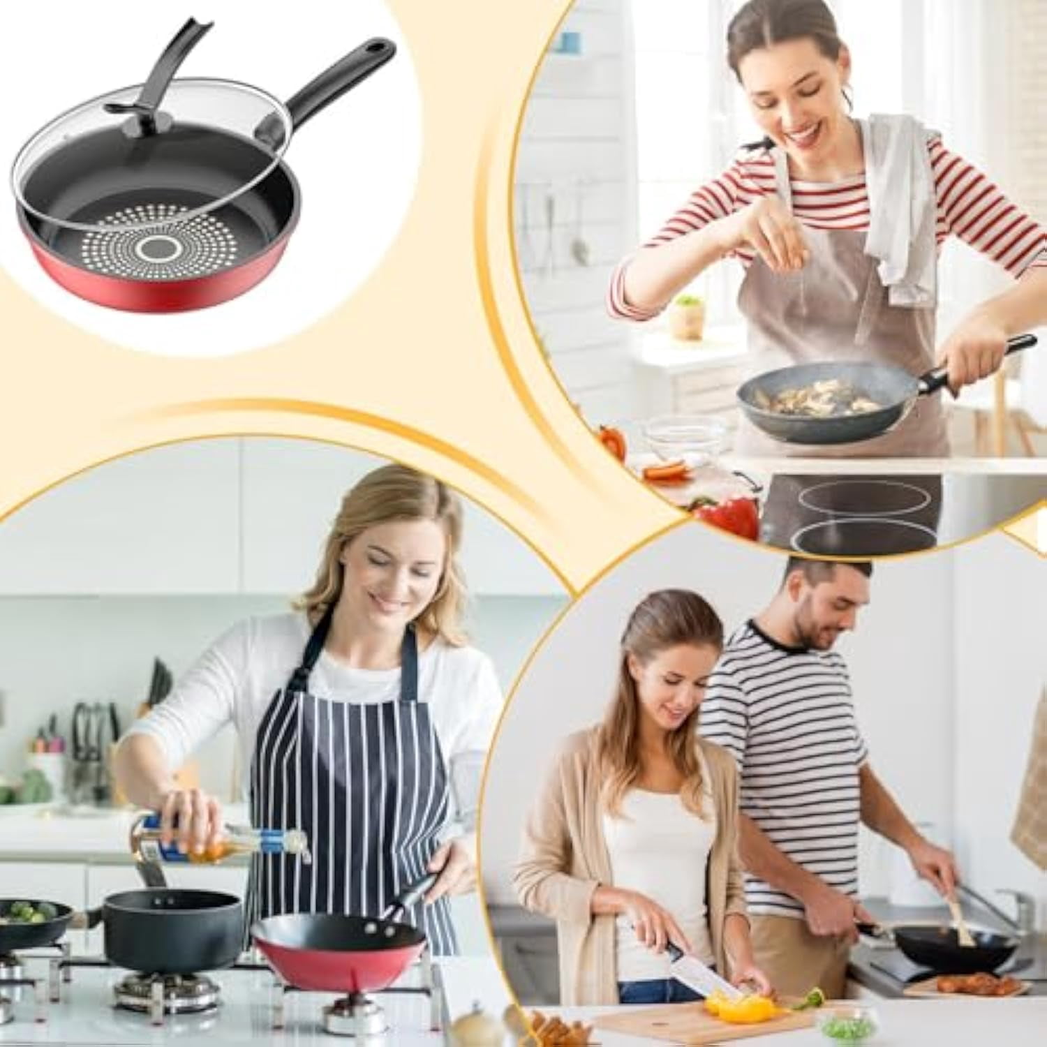 Non Stick Frying Pans - Induction Nonstick Frying Pan With Lid | Deep Non-Stick Cooking Pans | Ergonomic Cooking Skillet | 26cm Kitchen Tool For Breakfast Pancake Dinner Steak Snacks