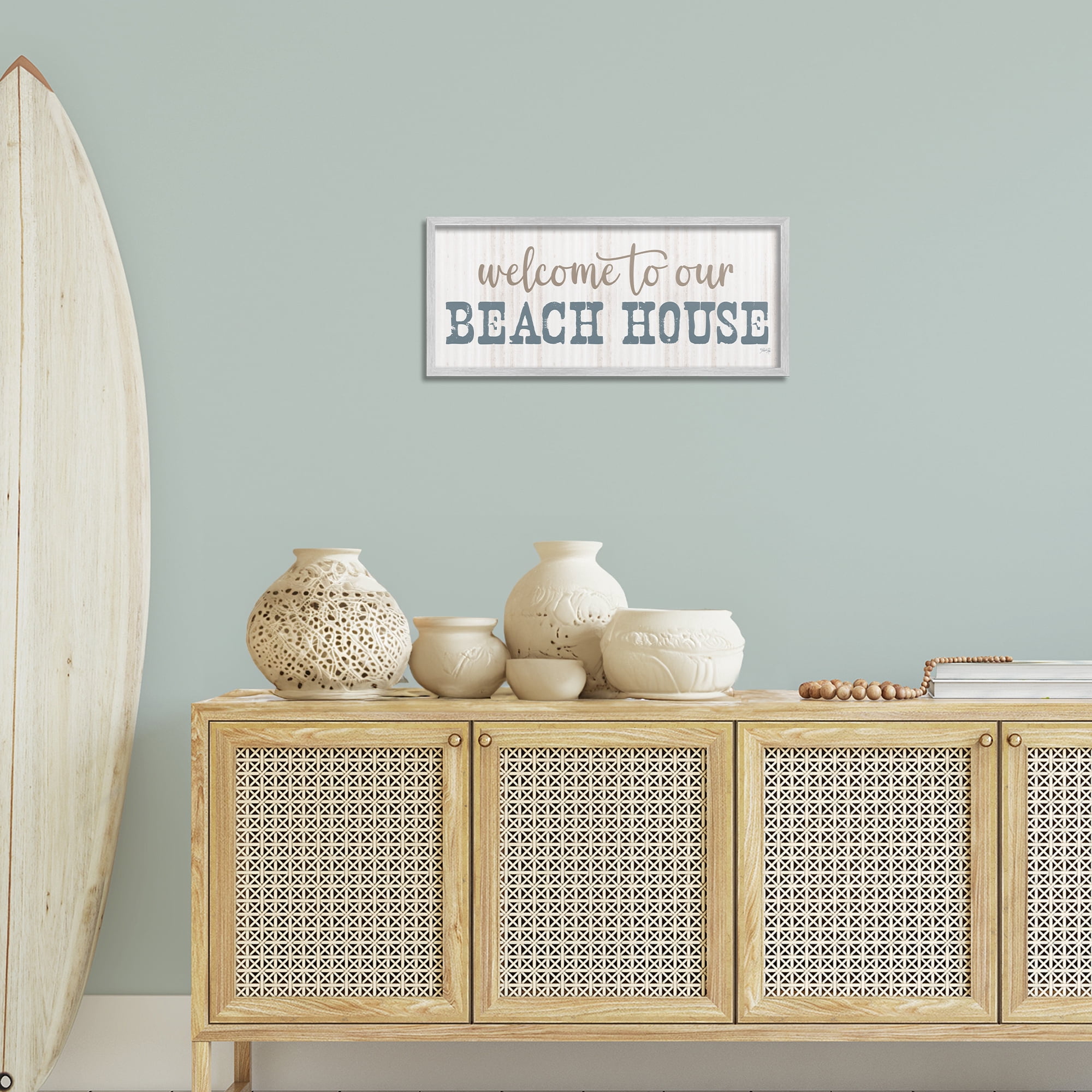 Stupell Industries Welcome Beach House Typography Painting Gray Framed Art Print Wall Art, 24 x 10