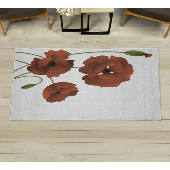 Floral Decorative Rug, Poppy Flowers Vivid Petals Buds Pastoral Purity Mother Earth Nature Design, Quality Carpet for Bedroom Dorm and Living Room, 6 Sizes, Cinnamon White, by Ambesonne
