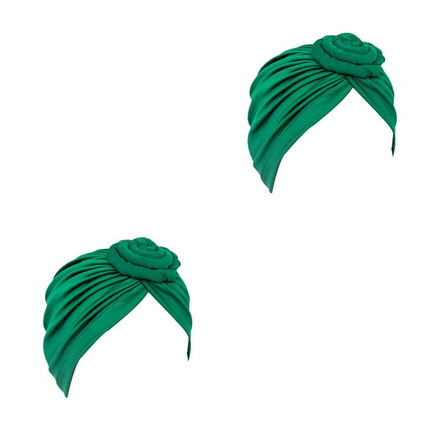 Minnieouse Turbante Nudo Musulmán Hijab Donut Llanura Pañuelo Sombreros Pérdida Bonnet Decoración para Mujeres Accesorios Verde Verde 2piezas