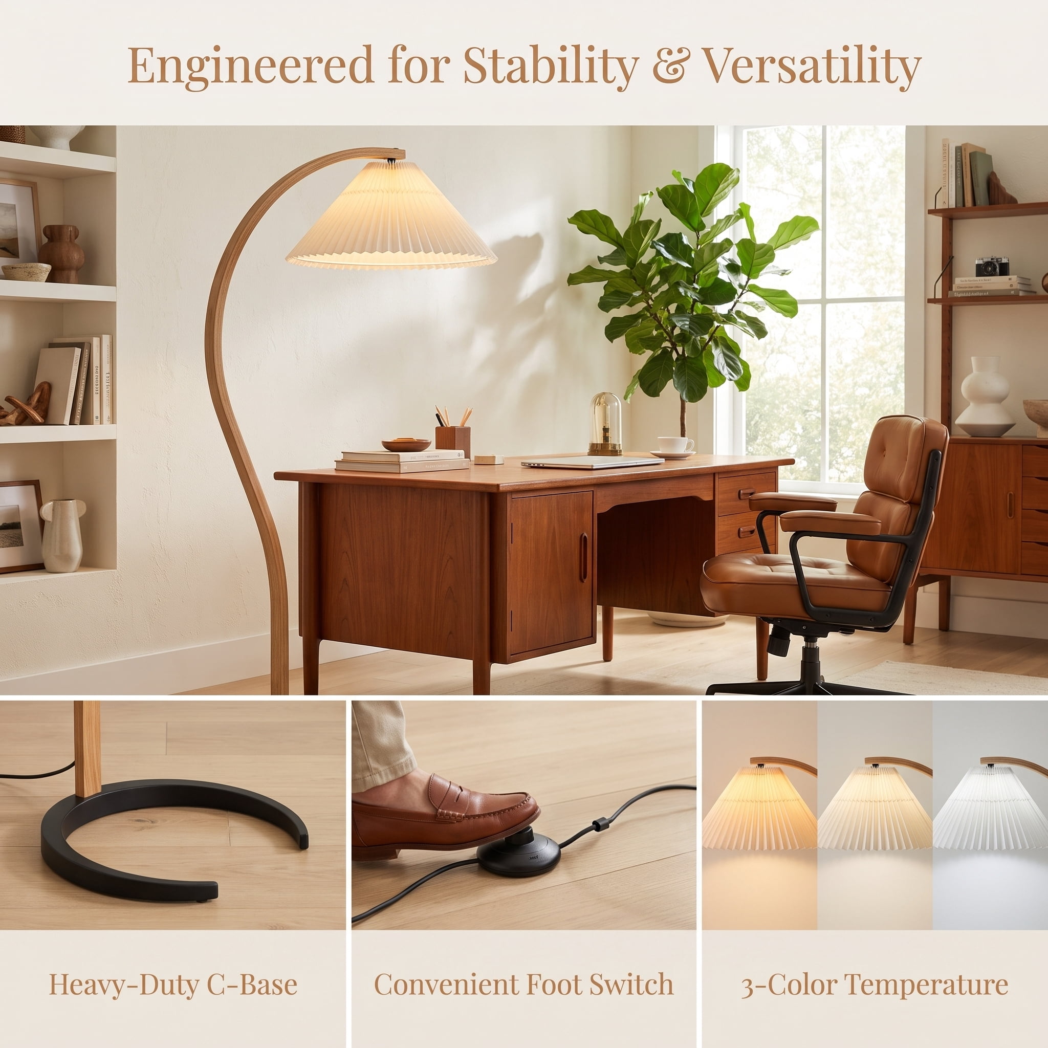 AISWORD Mid Century Curved Arc Floor Lamp with Pleated Fabric Shade, Solid Bentwood S-Shape Standing Reading Light with Heavy Base, Beige