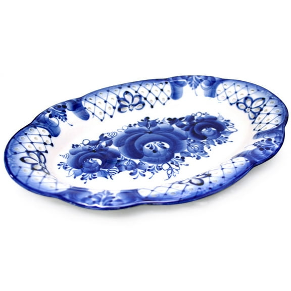 Serving Dish Spring Serving Platter (Bread Platter). Blue&White Porcelain. Gzhel 12 x 8 x 1.6-inch Porcelain Platter Serving Appetizer Plate