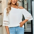thumbnail image 3 of Women Summer Solid Color Loose Fitting Chiffon Blouse 3/4 Bell Sleeve Mesh Panel Shirt Cold Shoulder Metallic Buckle Top, 3 of 9