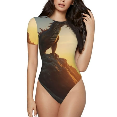 

KLL Women s Crew Neck Bodysuit Jumpsuits Seaside Sunset Cool Dragon Print Short onesies Stretch T Shirts