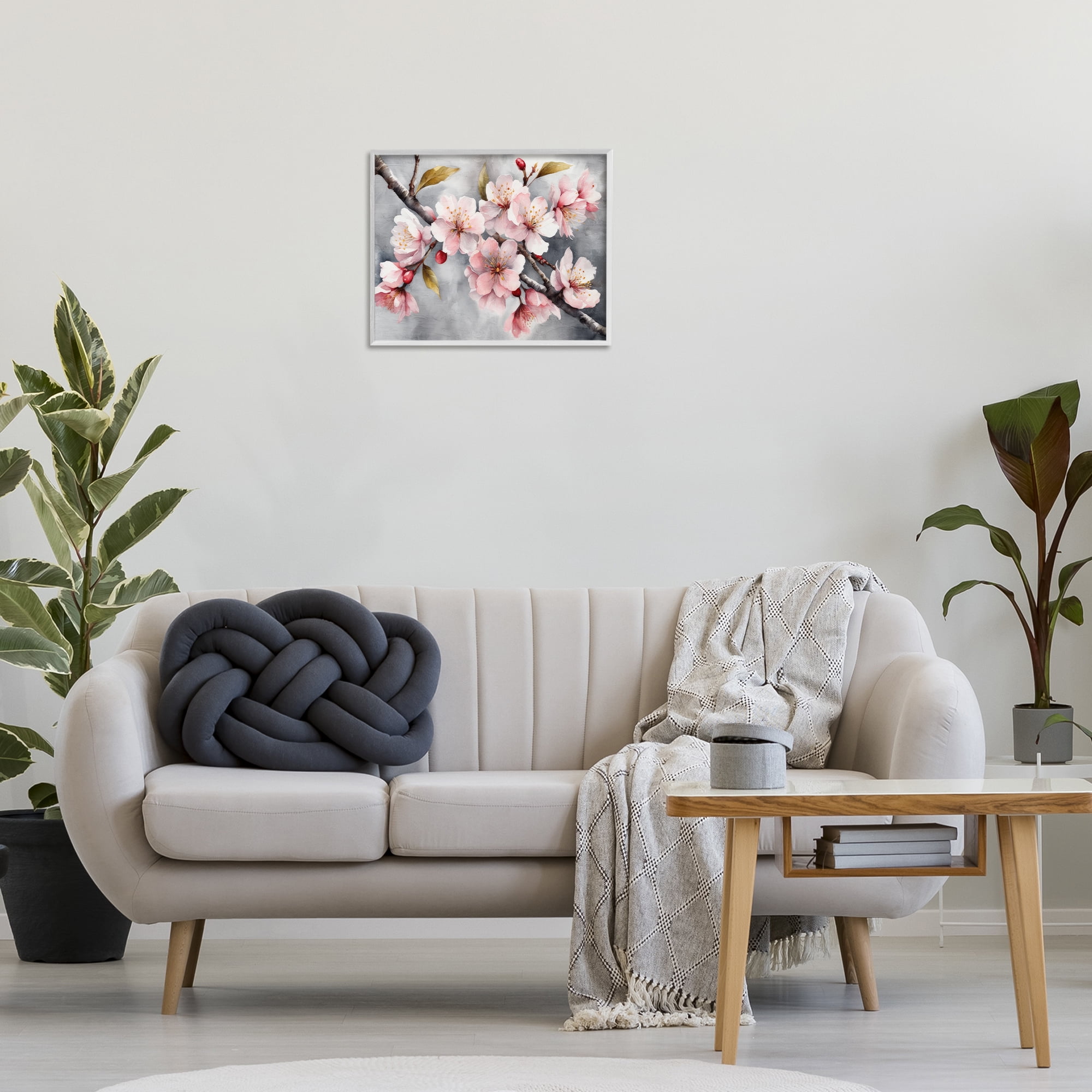 Stupell Industries Blossoms On Grey Botanical & Floral Painting White Framed Art Print Wall Art, 20 x 16