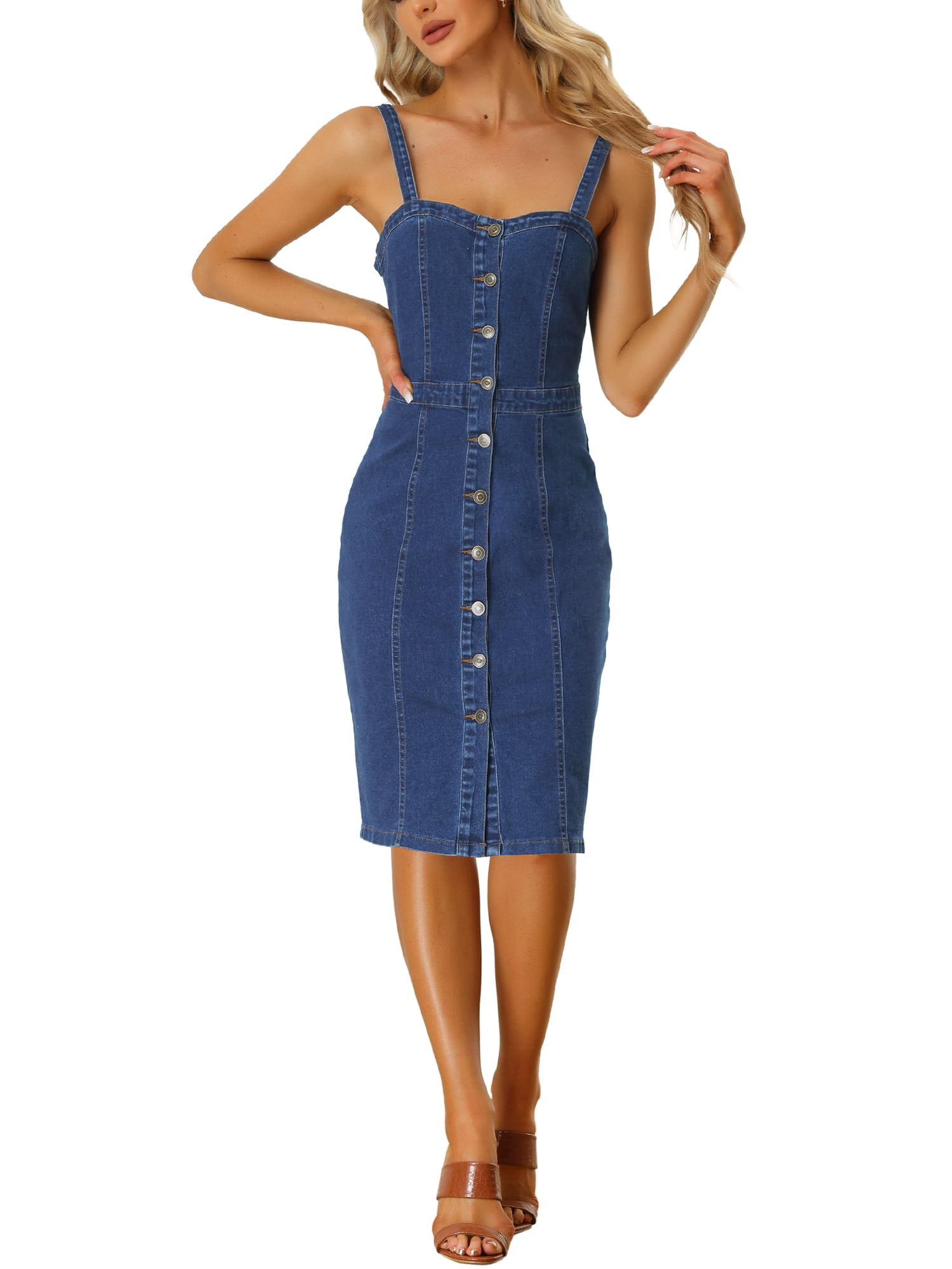 Allegra K Button Down Denim Dress for Women's Sleeveless