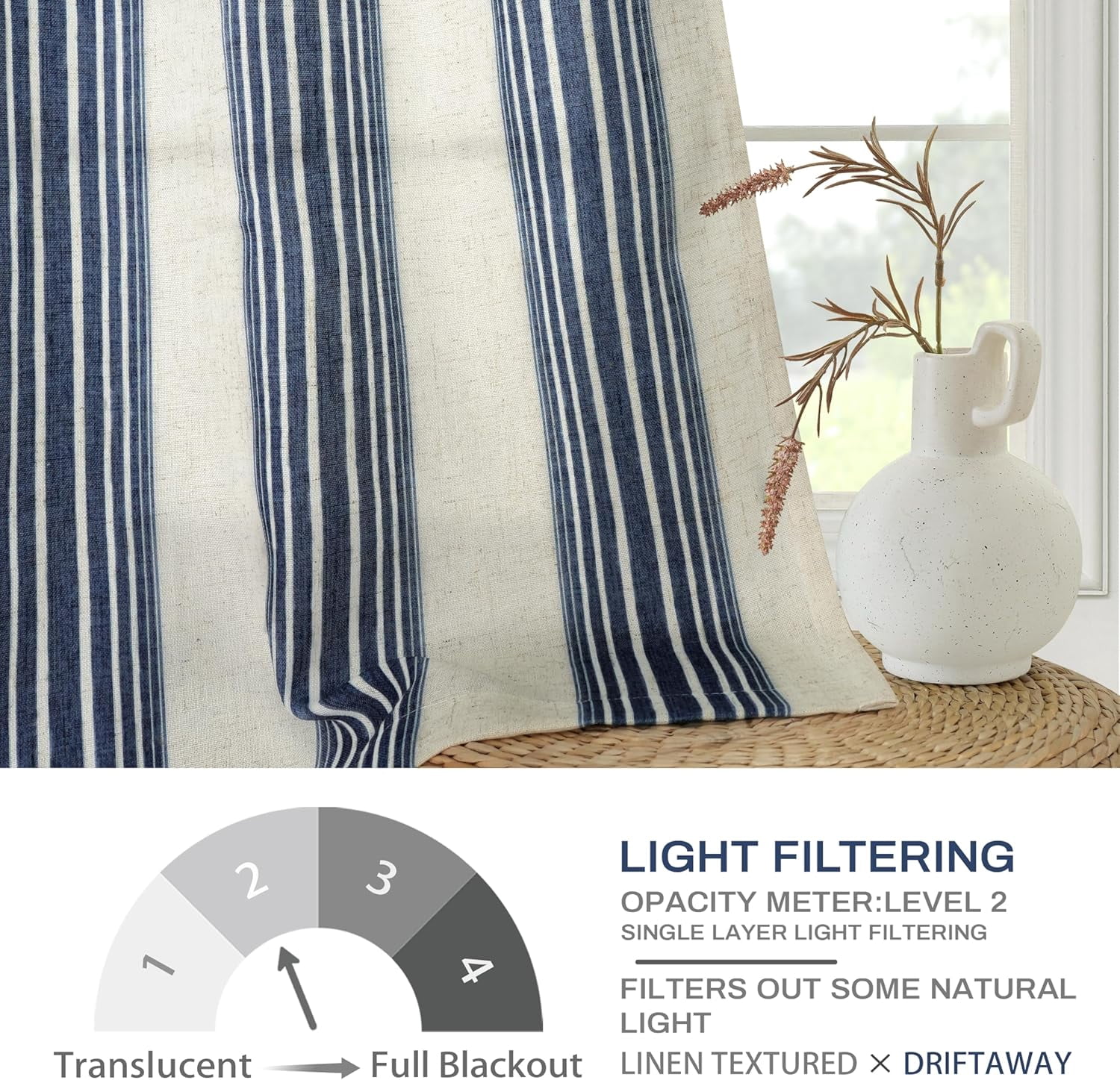 DriftAway Farmhouse Vertical Striped Linen Blend Textured Light Filtering Semi Sheer Curtains for Living Room Bedroom 108 Inches Long Drapes 2 Panels Broad Striped Linen Dark Blue