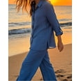 thumbnail image 2 of Amzcrzy Two Piece Sets for Women 2026 Solid Color Spring Outfits V Neck Button Down Shirt with Roll Tab Sleeves Wide Leg Pants Lounge Sets with Pockets Dressy Casual Loungewear Sets Blue 5XL, 2 of 9