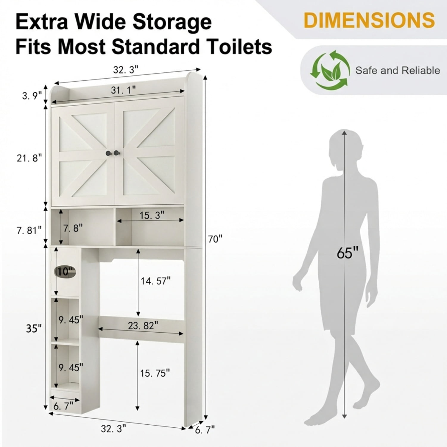 Over The Toilet Storage Cabinet, White Bathroom Organizer with Reversible Side Shelves, 32.3"W Farmhouse Rack with Barn Doors
