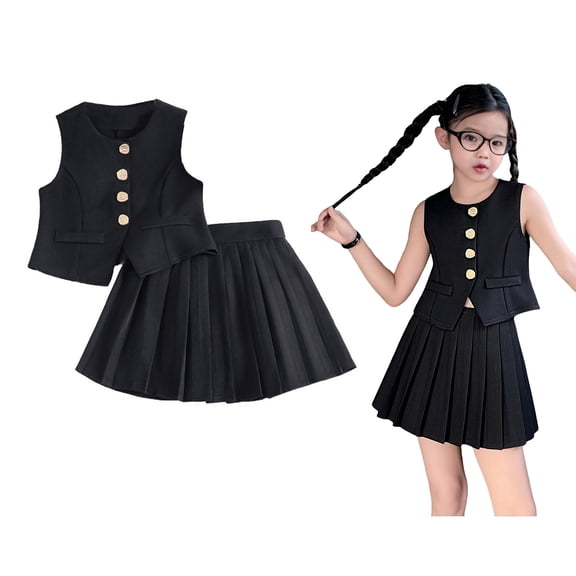 Girls School Uniform Two Piece Sleeveless Button Down Vest A Line Pleated Skirt Set School Girl Outfit1 11-12 Years