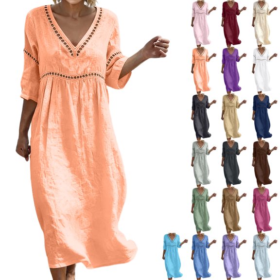Dvprdro V Neck 3/4 Sleeve Cotton Linen Maxi Dress for Women Loose Fit Summer Vacation Solid
