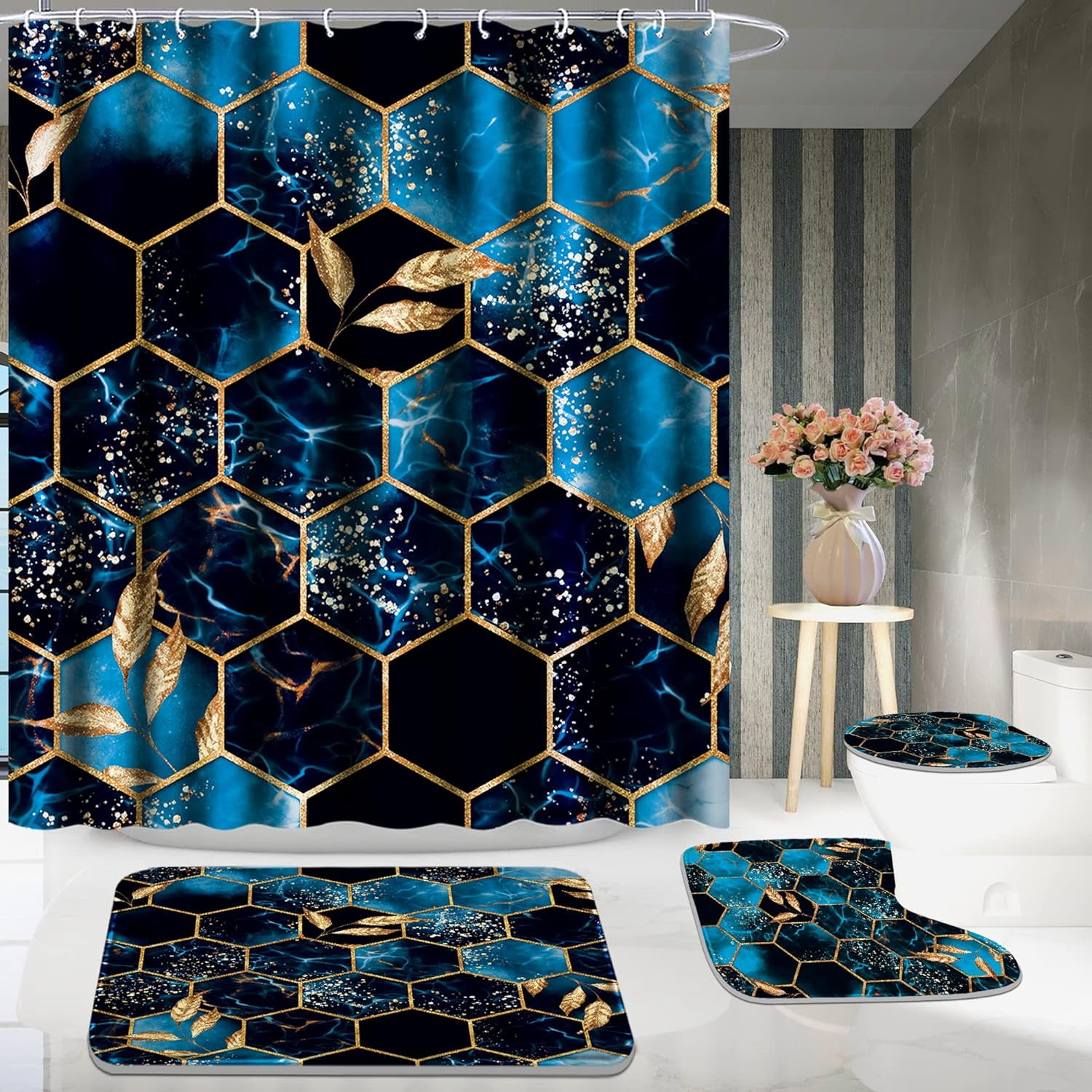 4 Pcs Bathroom Shower Curtain Set,Bathroom Sets with Rugs(Bath Mat,U Shape and Toilet Lid Cover Mat) and 12 Hooks,Sky Blue Honeycomb Marble