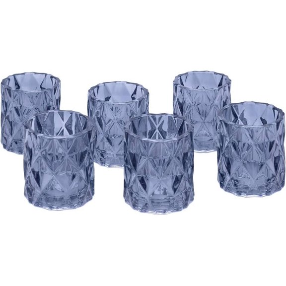 Koyal Wholesale 3" Tall Navy Blue Modern Multifaceted Glass Candle Holders, Set of 6 Votives, Bulk Tealight Holders