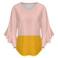 thumbnail image 5 of Pink And Yellow Color Block Women's V-Neck Blouse With 3/4 Ruffled Bell Sleeves Casual Top Ladies Blouses, 5 of 7