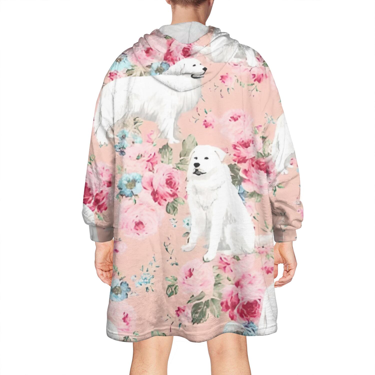 Wearable Oversized Blanket,Great Pyrenees Dog and Pioneer Flower Wearable Blanket Hoodie for Adults,Cozy Hooded Blankets with Super Pockets,Super Warm Fuzzy Pullover for Women & Men