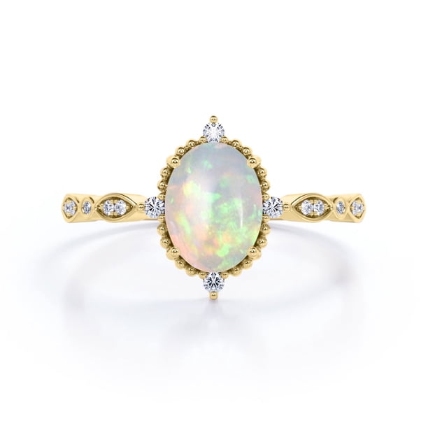 JeenMata Anillo de Compromiso Art Déco de Cinco Piedras con Diseño Antiguo de Ópalo Etíope de Corte Ovalado de 1,5 Quilates y Moissanita en Baño de Oro Amarillo de 18 K sobre Plata