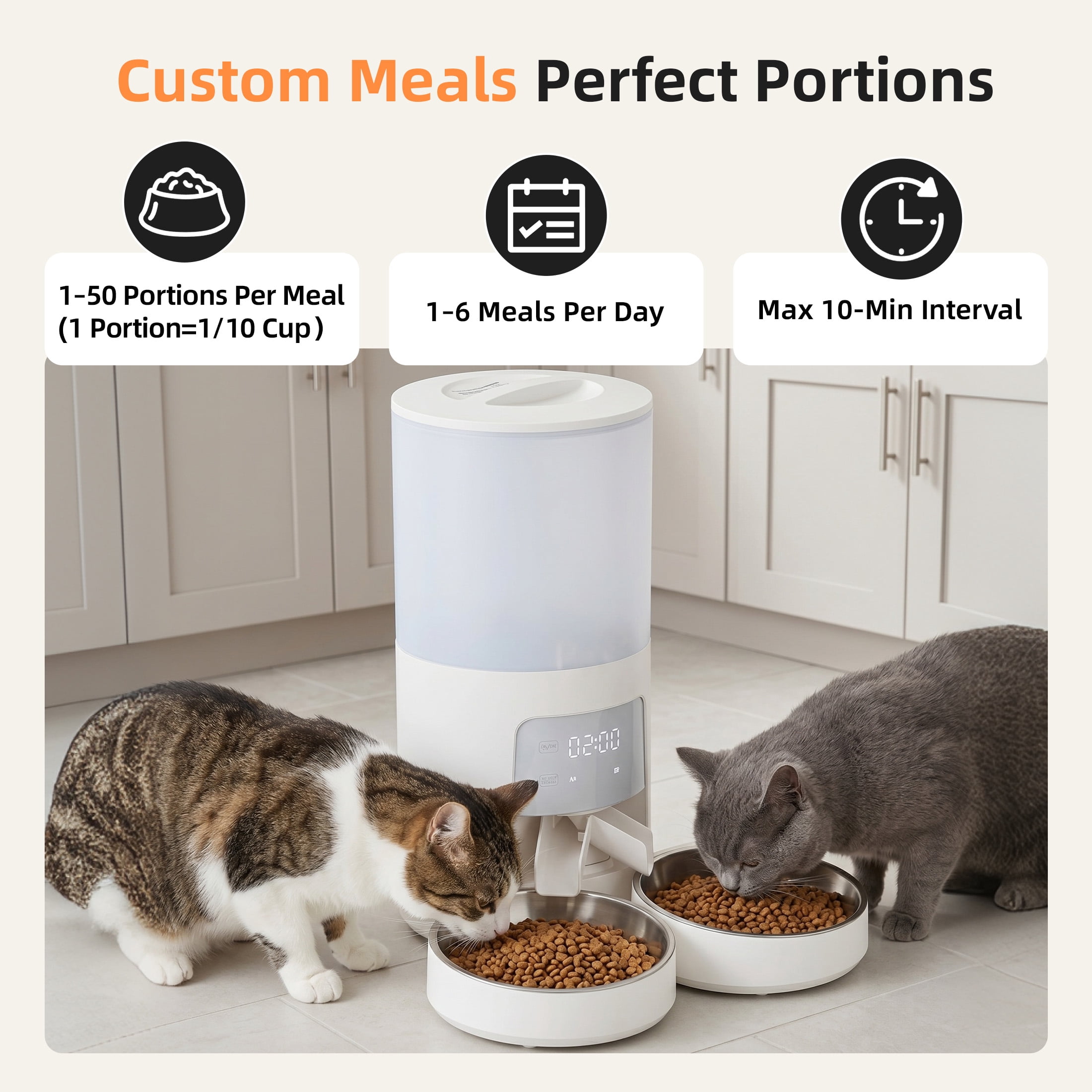 EDX 6L Automatic Cat Feeder for 2 Cats,&nbsp;Timed Cat Food Dispenser with 2 Stainless Steel Bowls, 10s Voice Recorder & Dual Power, Pet Feeder for Cats & Dogs, White