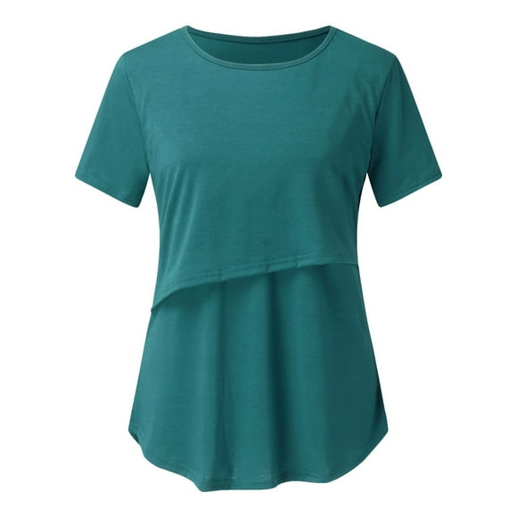 Bwiyojiz Sizes S-XXL Maternity Clothes for Women Pregnant Womens Nursing Solid Color Round Neck Short Sleeve Breastfeeding Blouse Summer Clothes, Gifts Mom