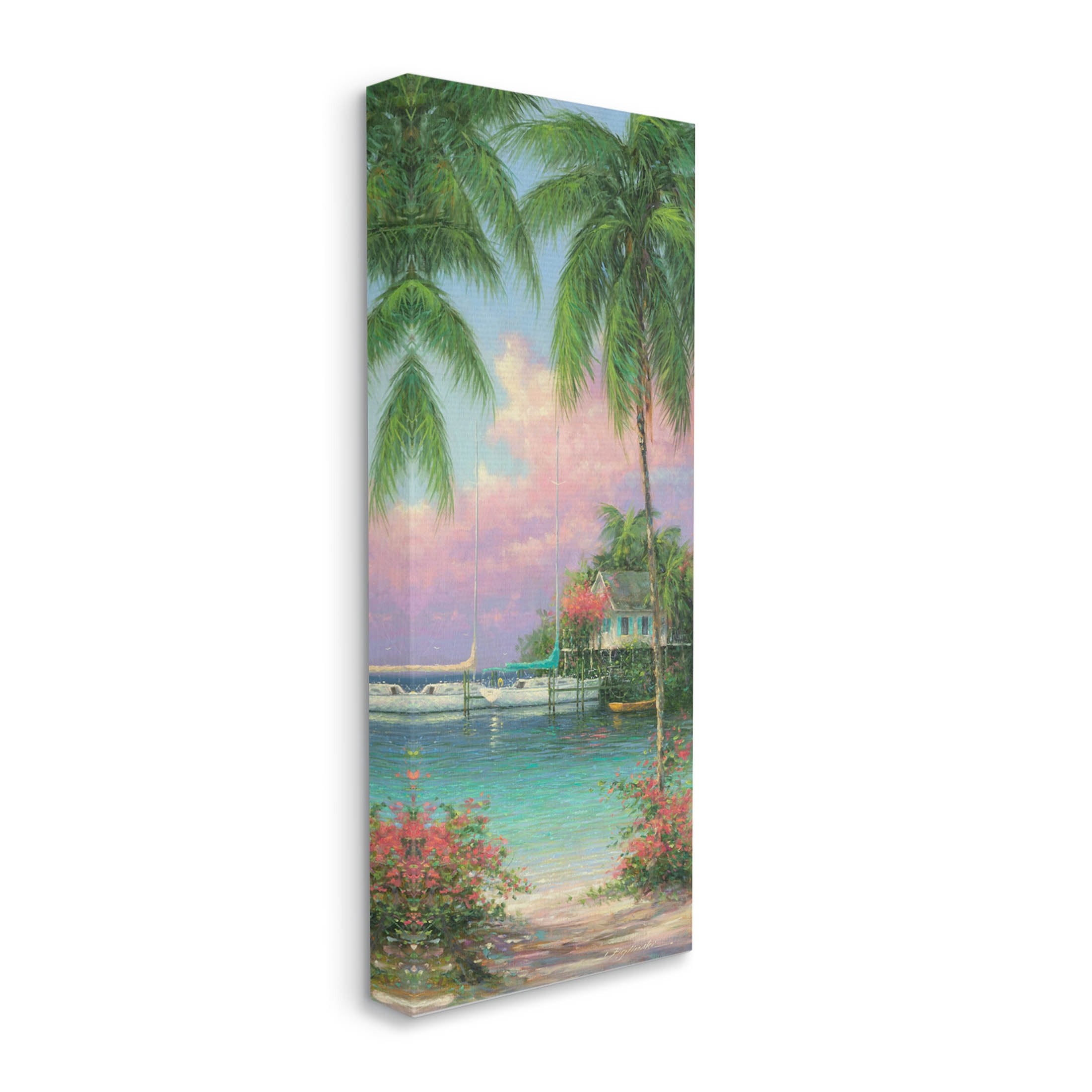Tropical Beach Palms Docked Boats Coastal Painting Gallery Wrapped Canvas Print Wall Art