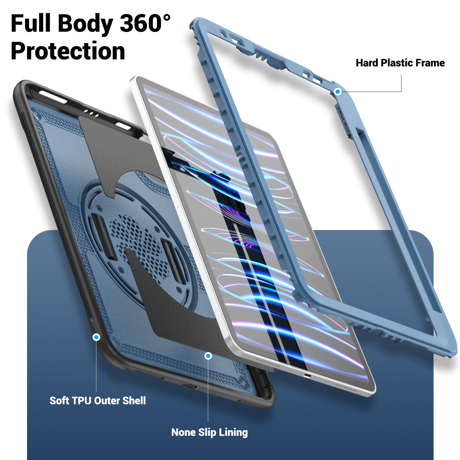 ELEHOLD Case for Apple iPad Pro 11 2022/2021/2020/2018/air4 10.9/air5,Soft TPU Rugged Durable Case with 360° Rotating Hand Strap & Foldable Hidden Stand & Pencil Holder,Navyblue