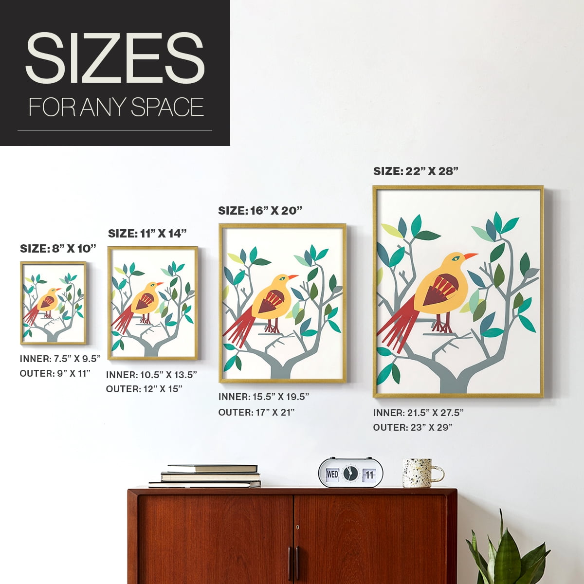 Whitty Bird III Framed Print in Gold Solid Wood 22 x 28 Framed Print