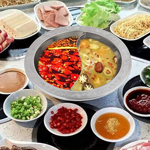 Stainless Steel Shabu Shabu Hot Pot Pot with Divider, Yuanyang Pots, Two-Flavor Soup Pot(28cm, Without Cover)