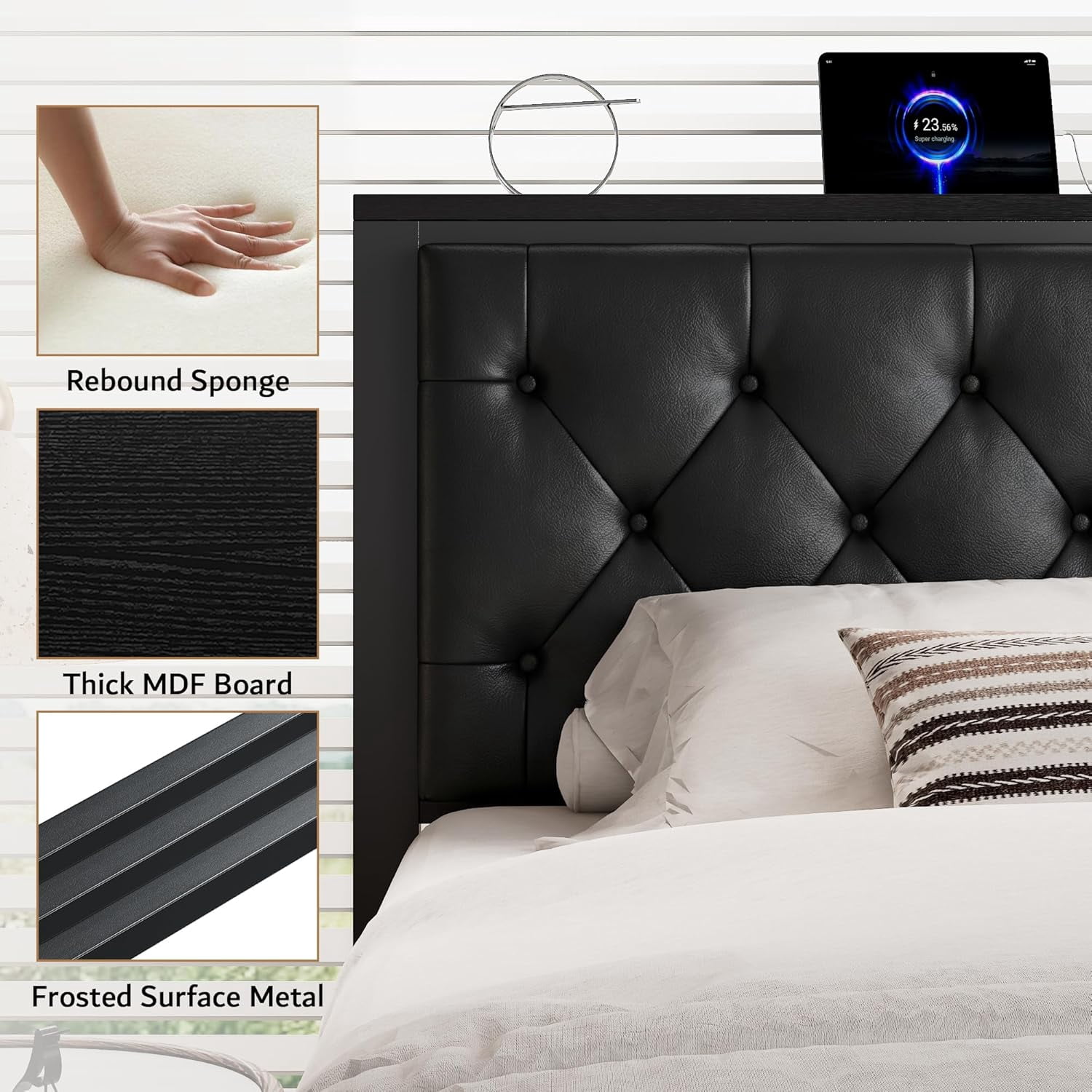 Honfach King Bed Frame with Storage Drawers, PU Leather Upholstered Platform Bed Frame with Charging Station, No Box Spring Needed, Heavy-Duty Metal Slats Support, Noise-Free, Easy Assembly, Black