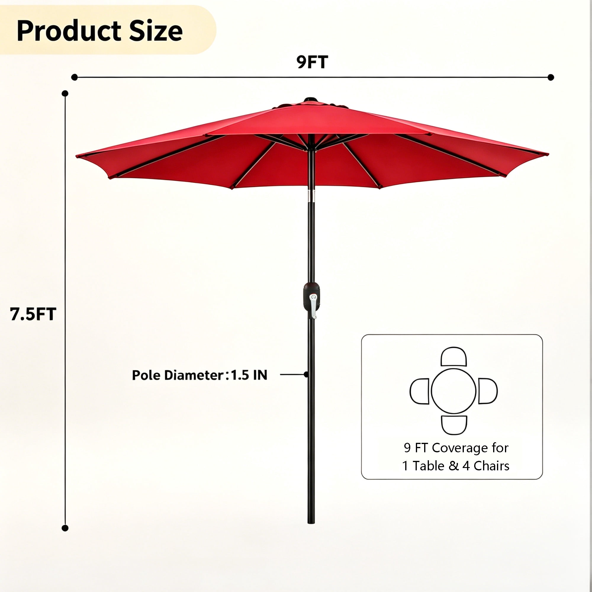 Kool 9 Ft Patio Market Umbrella , 8 Ribs with Push Button Tilt and Crank, Red