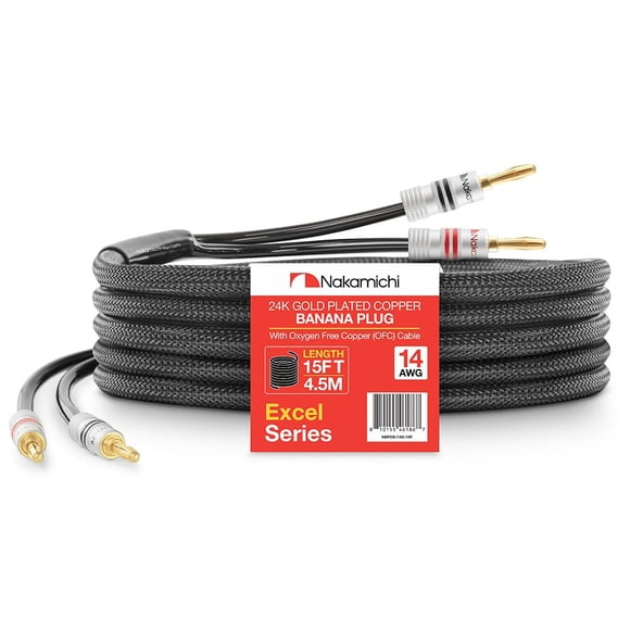 Nakamichi Excel Series Fiches Banane Plaquées Or 24k avec Câble de Haut-Parleur Fil 99,9 % Cuivre Sans Oxygène (OFC) Tressé Robuste pour Amplificateur Hi-Fi Maison