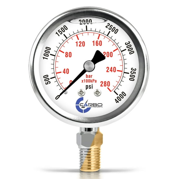 CARBO Instruments 2 1-2" Pressure Gauge, Stainless Steel Case, Chrome Plated Brass Connection, Lqiuid Filled, 0-4000 psi/kPa, Lower Mount 1/4" NPT