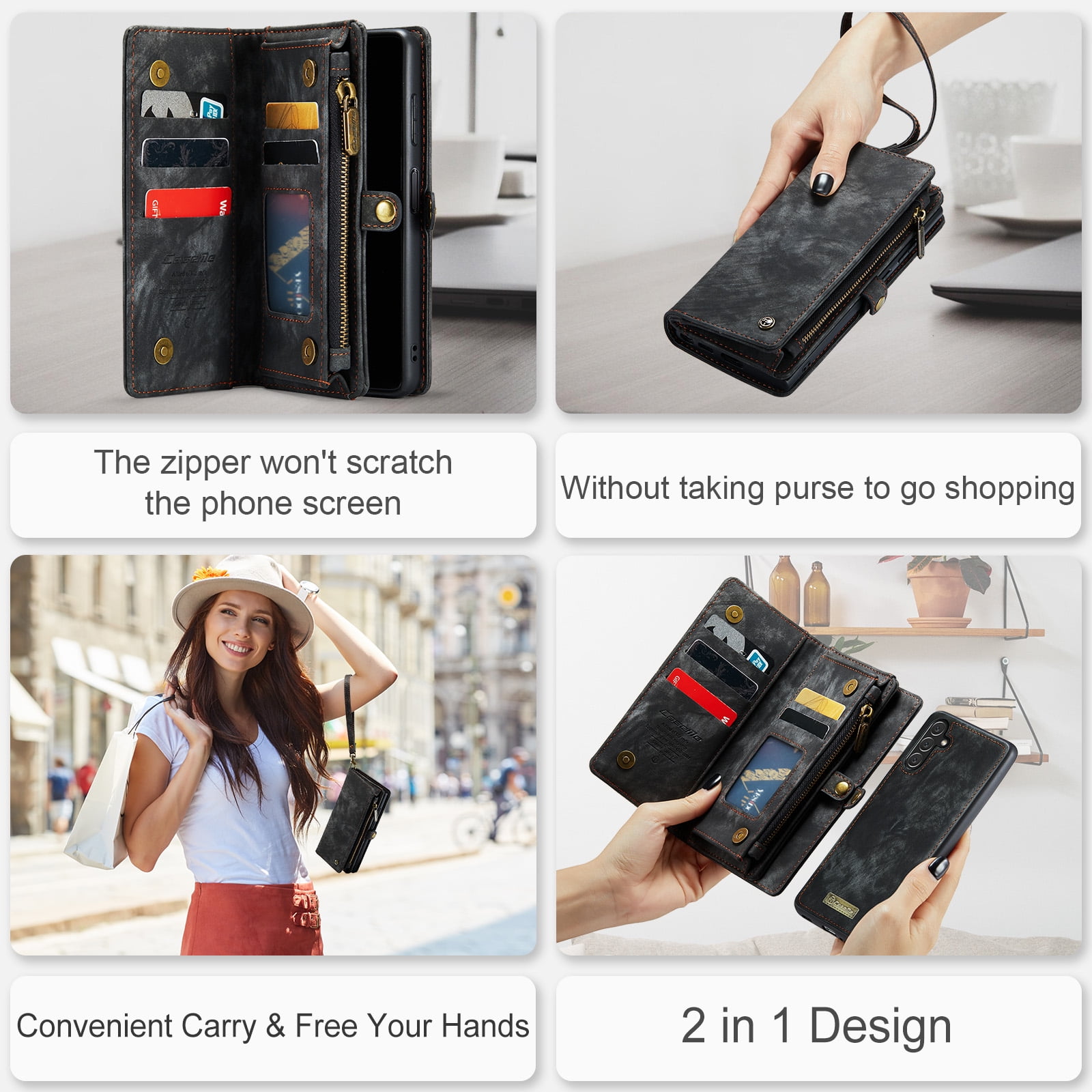 Feishell Durable 2- In-1 Magnetic Detachable Wallet Case for Samsung Galaxy S25,for Women Men,Premium PU Leather Zipper Pocket Flip Multi Card Slots Purse Phone Case with Wrist Strap,Black
