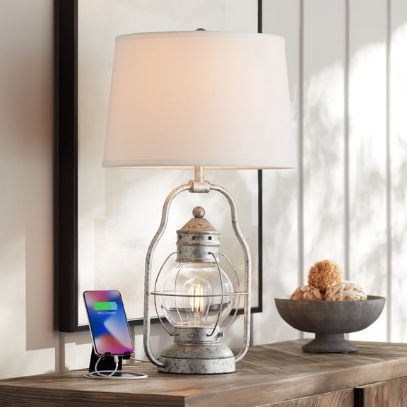 Franklin Iron Works Bodie Rustic Industrial Table Lamp 26" High Distressed Silver with USB Charging Port Nightlight LED Off White Linen Shade for Desk
