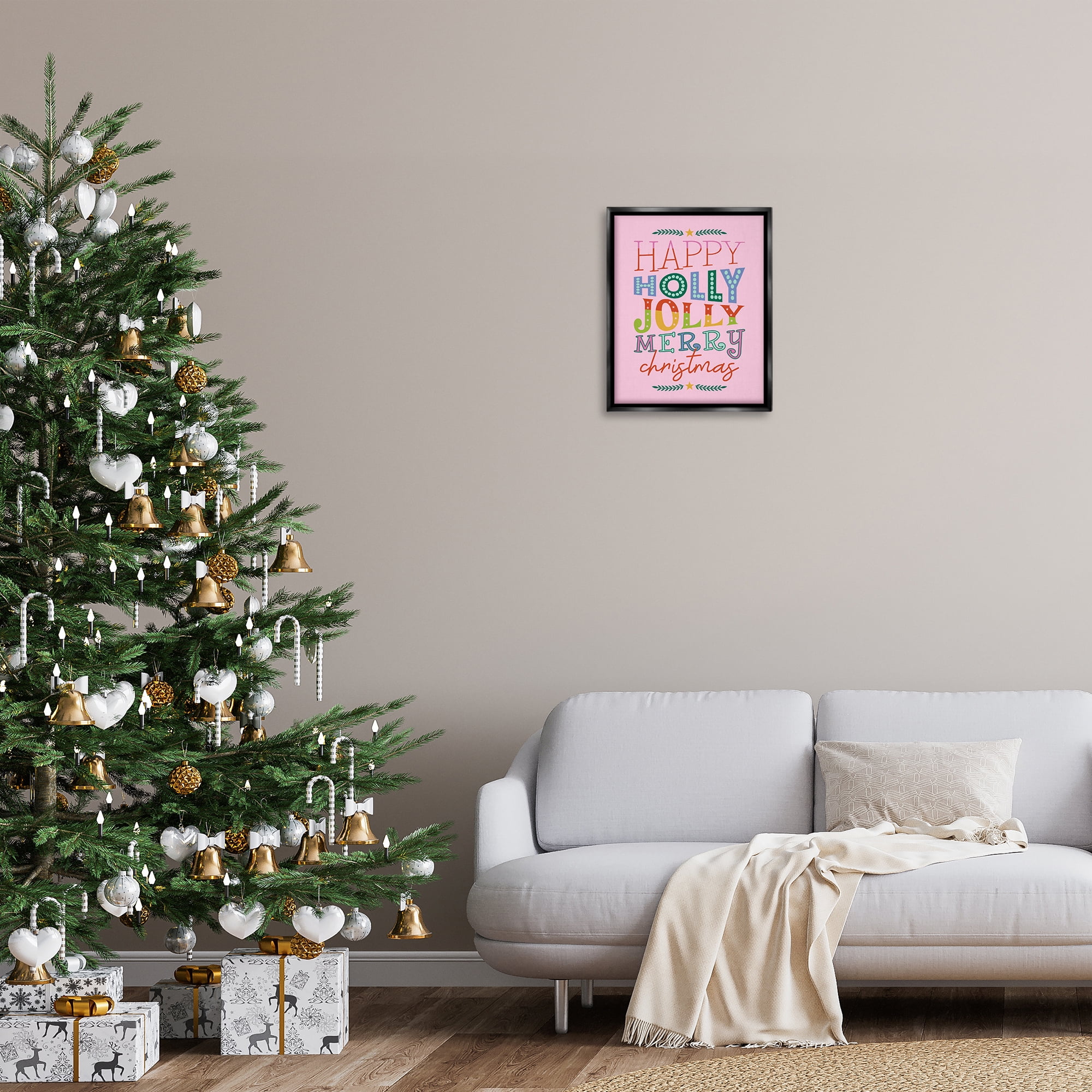 Stupell Industries Happy Holly Jolly Xmas Holiday Painting Black Floater Framed Canvas Art Prints Wall Art, 17 x 21
