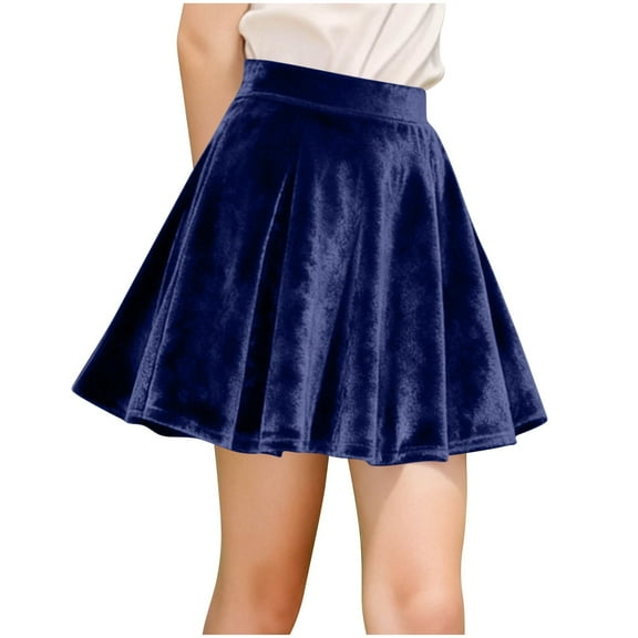 AHTJRT Girls Velvet Pleated Mini Skirt Vintage Style Stretchy Flared Velour Skirt Elastic Waist Skater Skirts for Holiday Festival Party Blue#01 14-15 Years