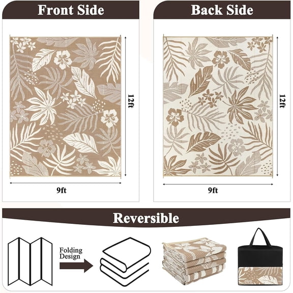 Waterproof Outdoor Rug 9x12, Reversible Plastic Straw Camping Rug, Indoor Outdoor RV Mat Carpet for Deck, Camper, Porch, Balcony, Backyard, Picnic, Floral Brown