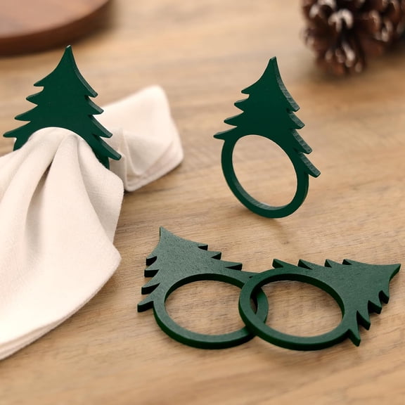 Christmas Tree Beechwood Napkin Rings 12Pcs, Green Xmas Tree Napkin Rings for Party Dinner Place Setting Holidays Decorations, Table Place Card Decorations