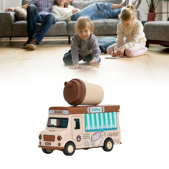 Die Cast Food Truck Toy, Simulated Lovely Alloy Pull Back Car 1:36 Light Music Induction For Home For Kid Coffee Truck