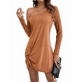 thumbnail image 1 of Tunique à une Épaule pour Femmes Manches Longues Ourlet Torsadé Robe Mini Décontractée Ample Printemps Été Marron m, 1 of 10