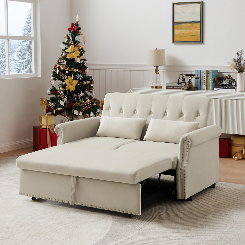 55" Pull Out Sofa Bed, Convertible Sleeper Loveseat with 2 Lumbar
