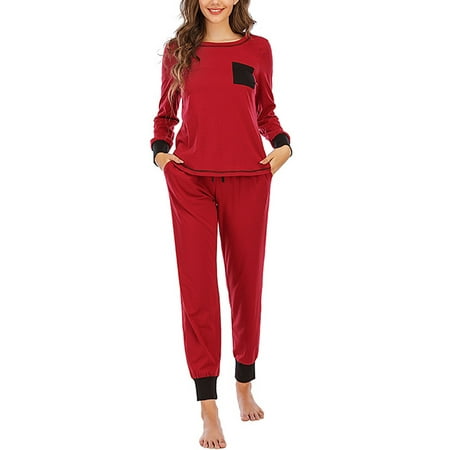 

MAWCLOS Women s Pajama Set Soft Loungewear Long Sleeve Pjs Sleepwear with Pockets O Neck Lounge Nightwear