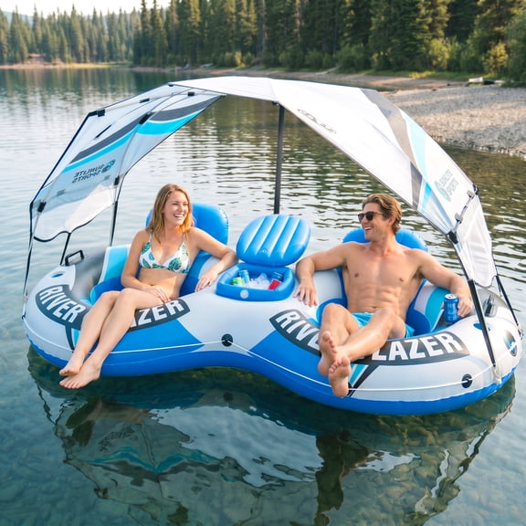 Sunlite Sports Heavy Duty River Tube (2 People) - Dual-Person Inflatable Float with Built-in Cooler & Detachable Canopy - Perfect for River, Lake & Pool Adventures