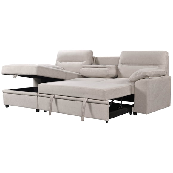 Urban Cali Malibu Canapé Sectionnel-Lit de 94,5 Po de Large avec Plateau Rabattable, Porte-Gobelets, Chargeur Sans Fil et Méridienne de Rangement (Méridienne Orientée à Gauche / Belfast Beige)