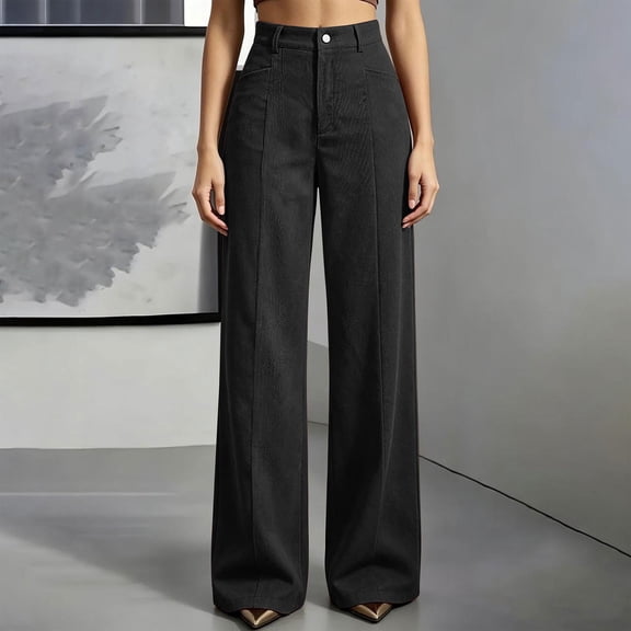 AXXD Women's Corduroy Pants High Waisted Wide Leg Straight Leg Casual Trousers with Pockets