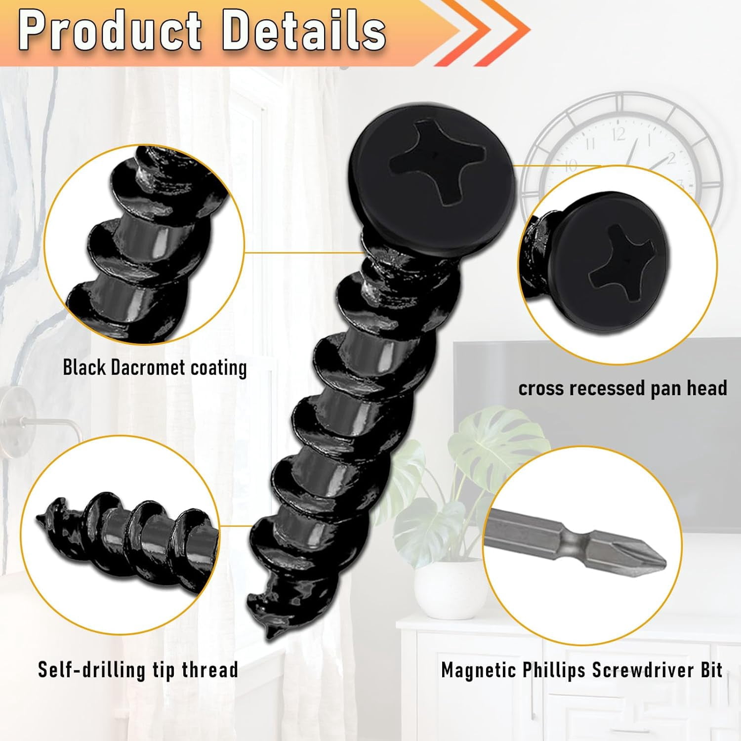 Drywall Anchors with Screwdriver Bit Included, 1/4 x 1-1/2 Inch Black Coated Pan Head Alloy Steel, 100-Pack Heavy Duty Wall Anchors for Drywall, Wood & Masonry Materials