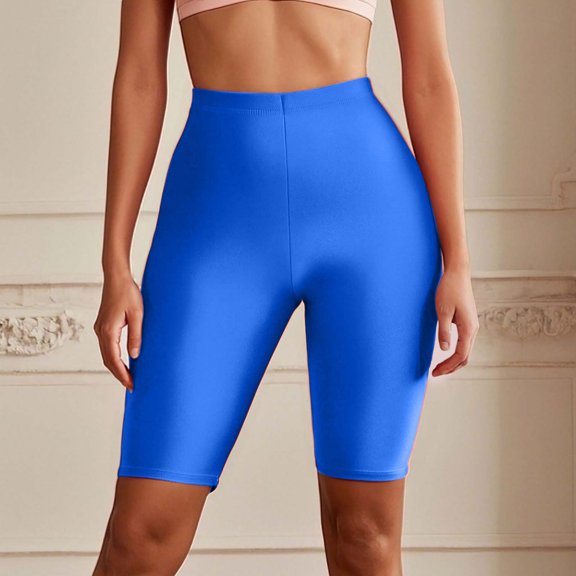 High Waist Neon Shiny Knee Length Yoga Shorts For Women Athletic Workout Running Gym Sessions Sports Apparel, L, Blue