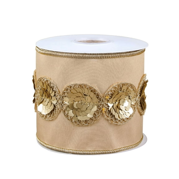 4 in. Gold Sequin Beaded Beige Taffeta Ribbon with Gold Piping