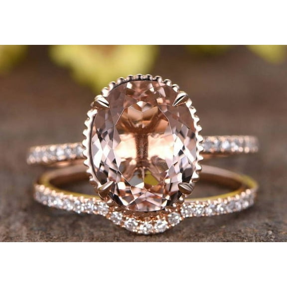 JeenMata Perfect Matching 2 Carat Oval Cut created morganite and Moissanite Bridal Ring Set in Rose Gold
