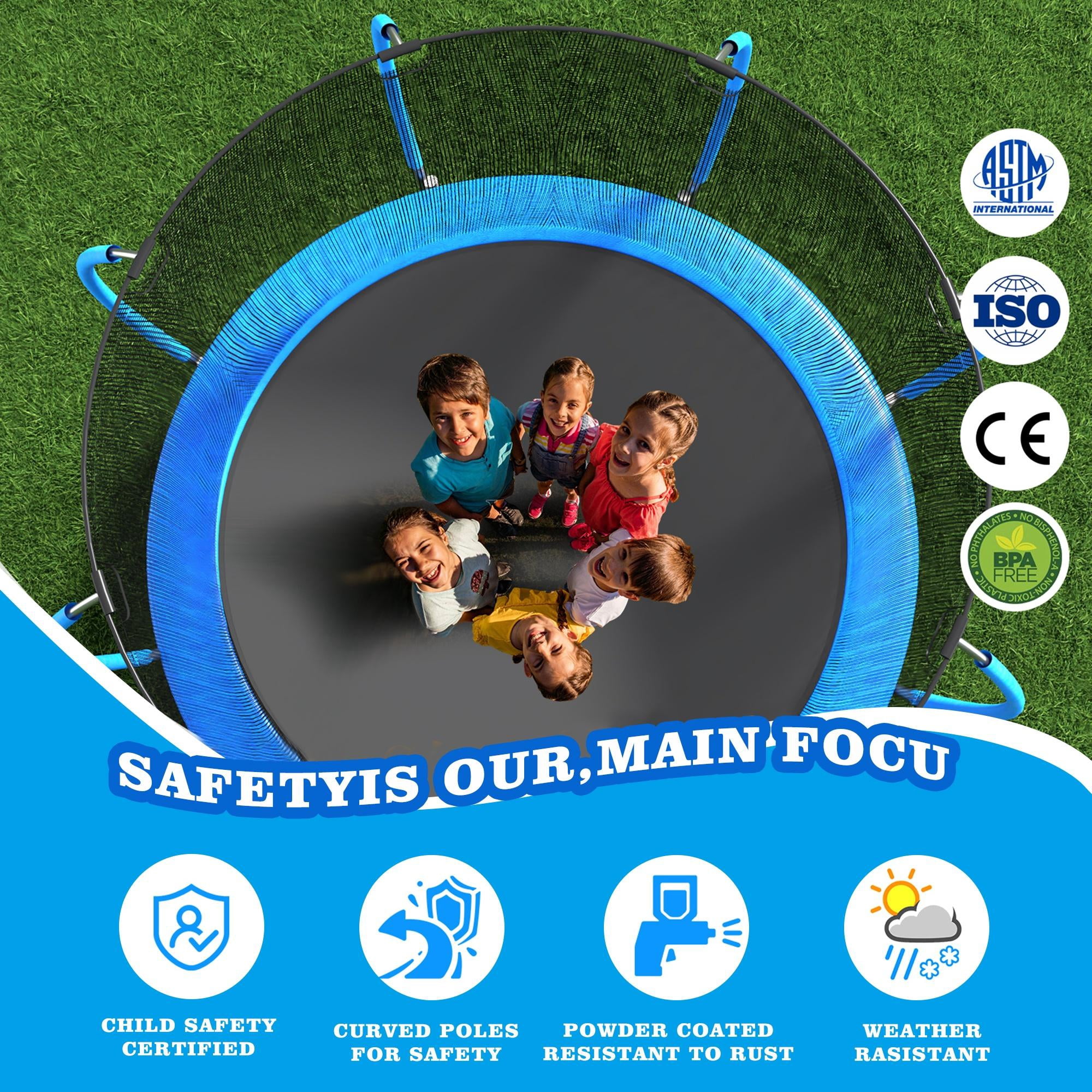 144IN Trampoline for Kids, Seizeen Outdoor Trampolines with Enclosure, 2-IN-1 Large Trampoline with Basketball Hoop, Round Trampoline Anti-collision Curved Design for Backyard Play, Blue